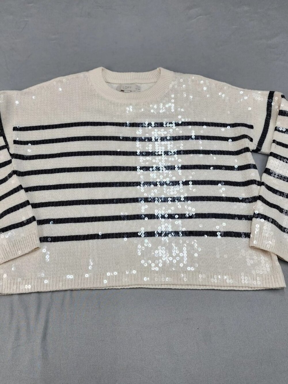 LOFT Women's Medium Petite Sweater Ivory Black Striped Sequin Cotton Pullover